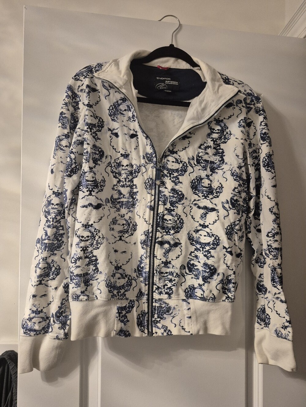 White Zip-Up ENERGIE with Blue Skull Floral Print Sweater Vintage JEAN SESSION
